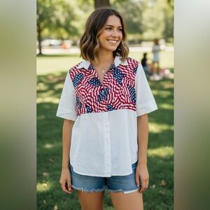 Vintage Willow Bay Patriotic Flag Wide Sleeve Button Down Shirt​